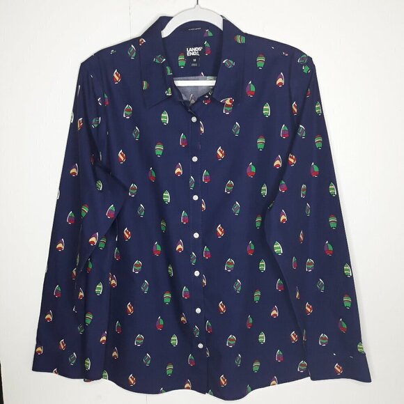 Lands' End Sailboat No Iron Supima Cotton Button Down 18 Nautical Novelty Unique - Picture 1 of 7